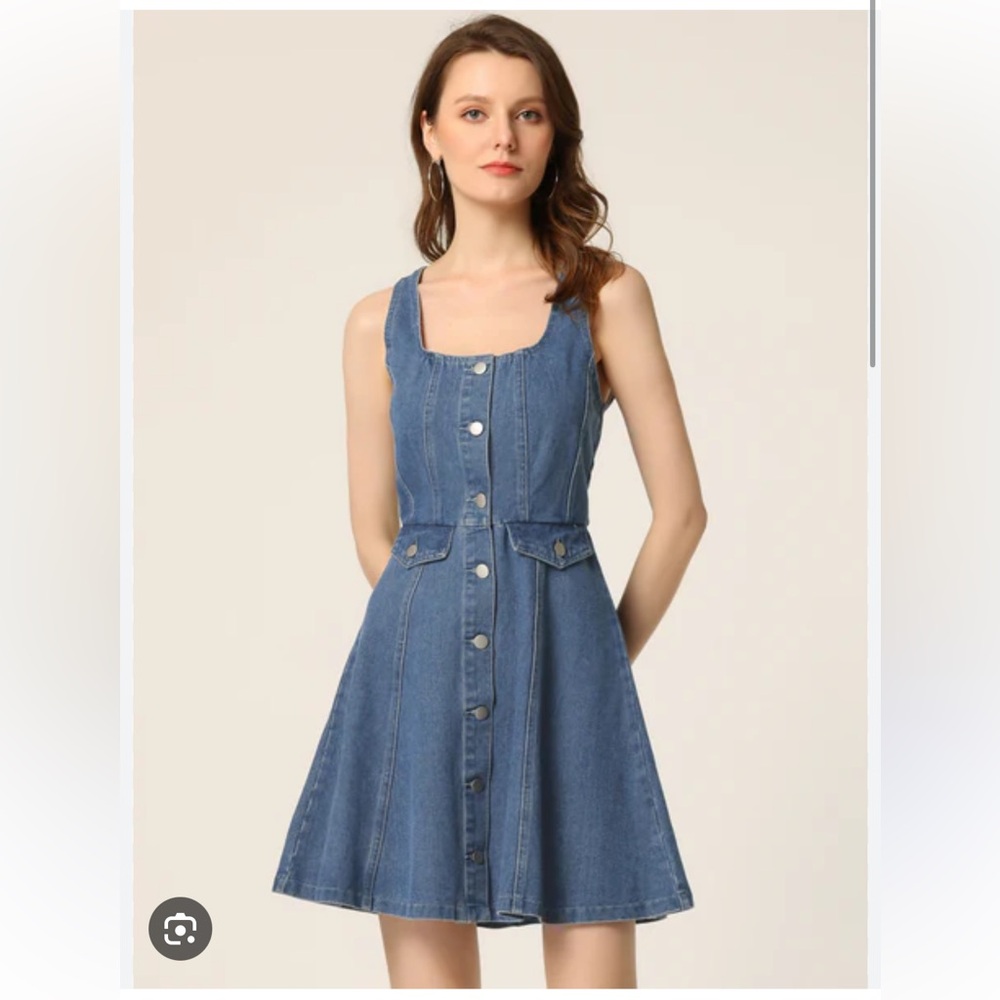 Forever 21 Button Down Stretch Pockets Sleeveless Blue Denim Dress Womens Size M